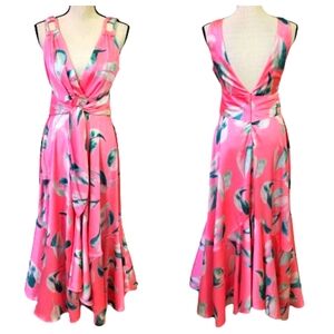 Ever After Pink/Green Multi-Color Floral Silk Sleeveless Flowy Maxi Dress,Medium